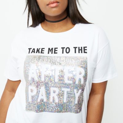 Plus white sequinned after party T-shirt